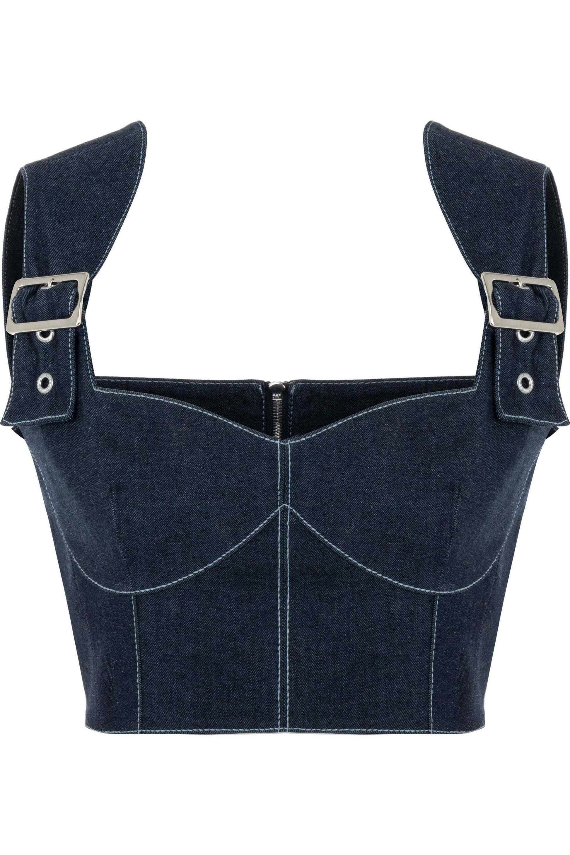 JENDUE Vonk Belted Denim Top | Stylish Jean Crop Top-0