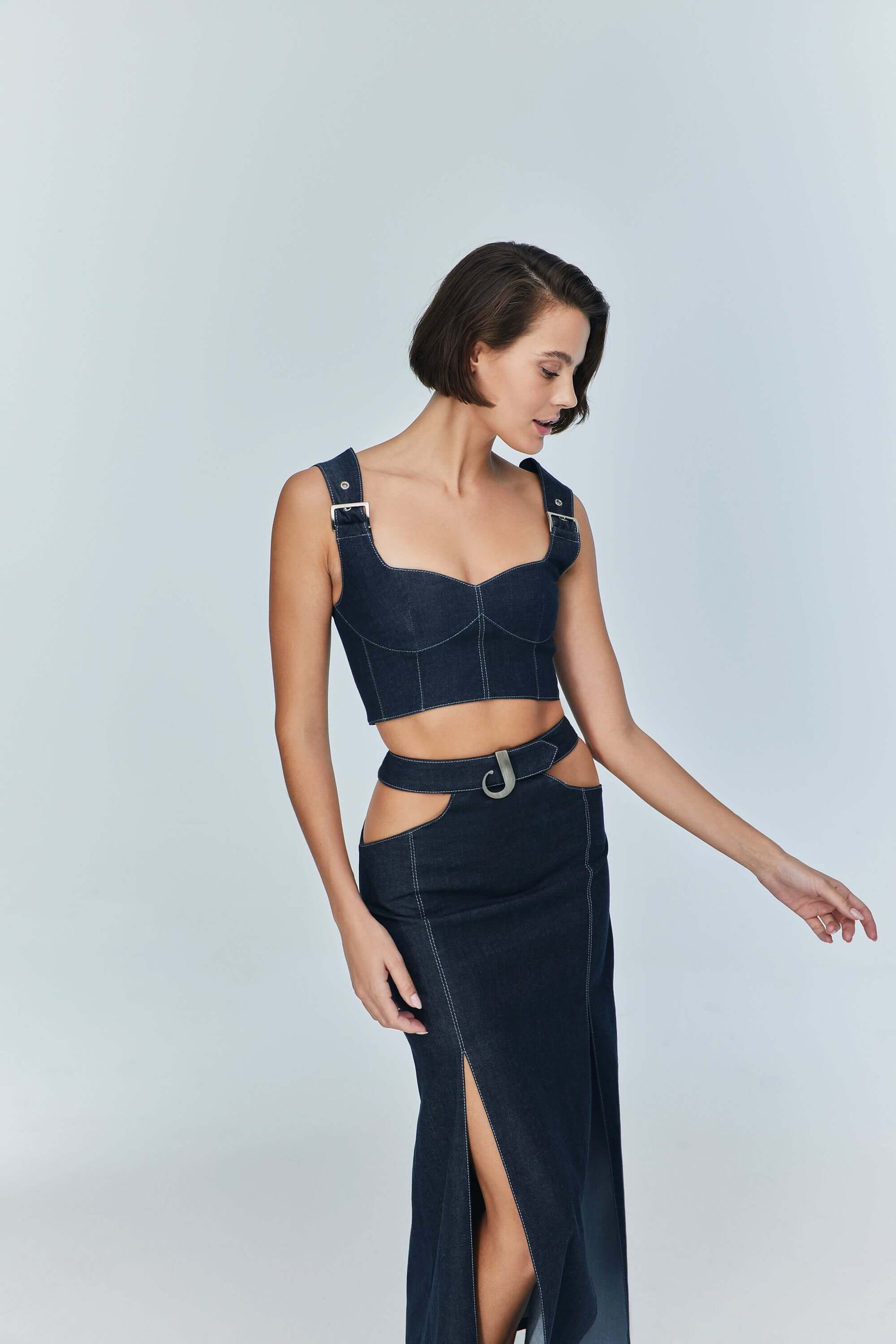 JENDUE Vonk Belted Denim Top | Stylish Jean Crop Top-3