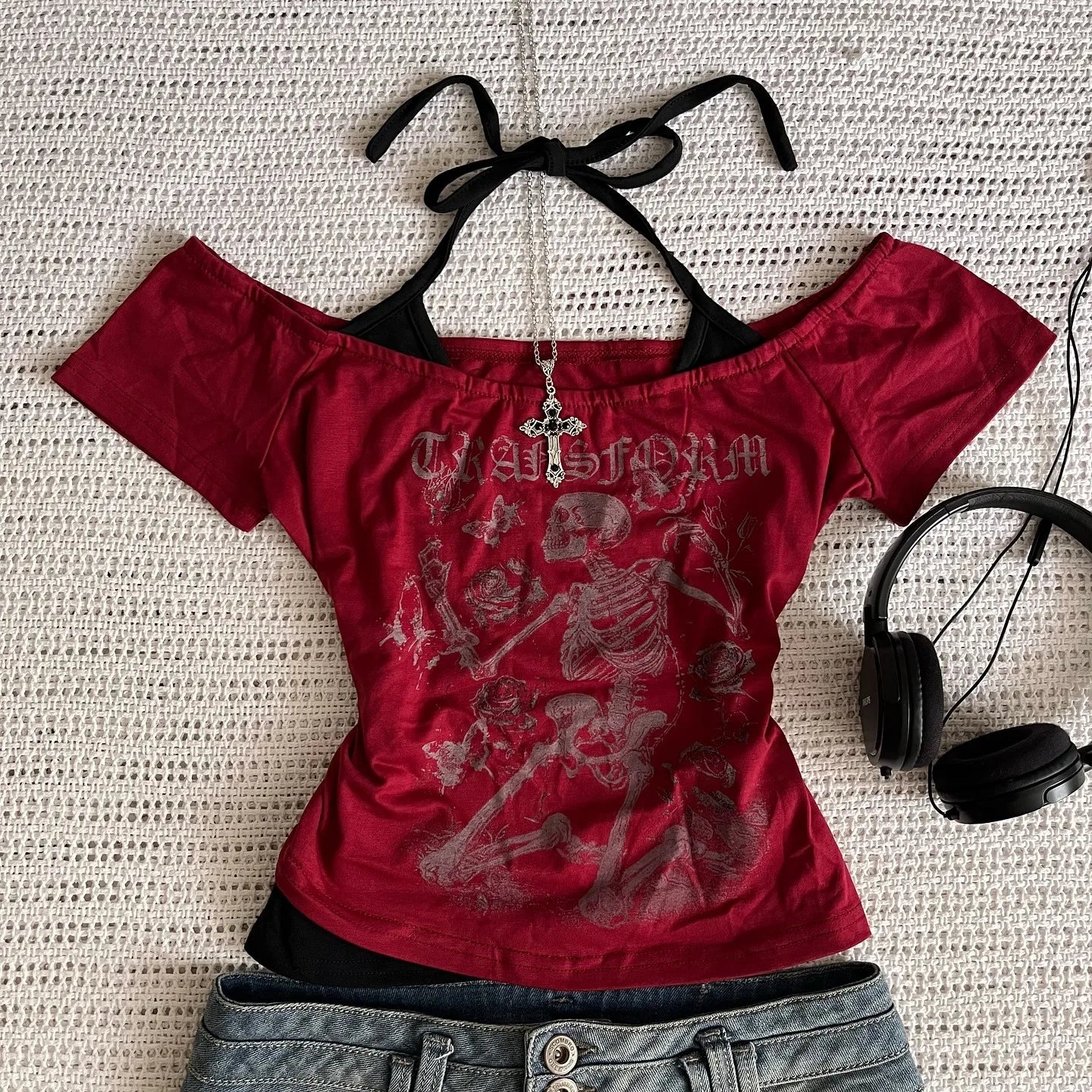 Millennium 2000s Y2k crop aesthetic sweet and sexy vest women's sleeveless casual anime printed vest Harajuku red full outfit Em