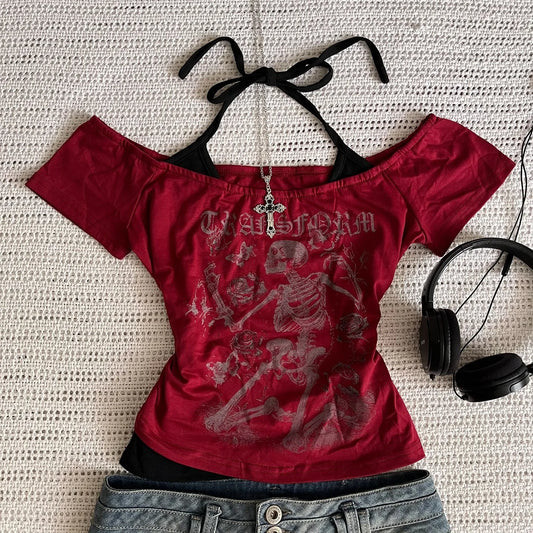 Millennium 2000s Y2k crop aesthetic sweet and sexy vest women's sleeveless casual anime printed vest Harajuku red full outfit Em