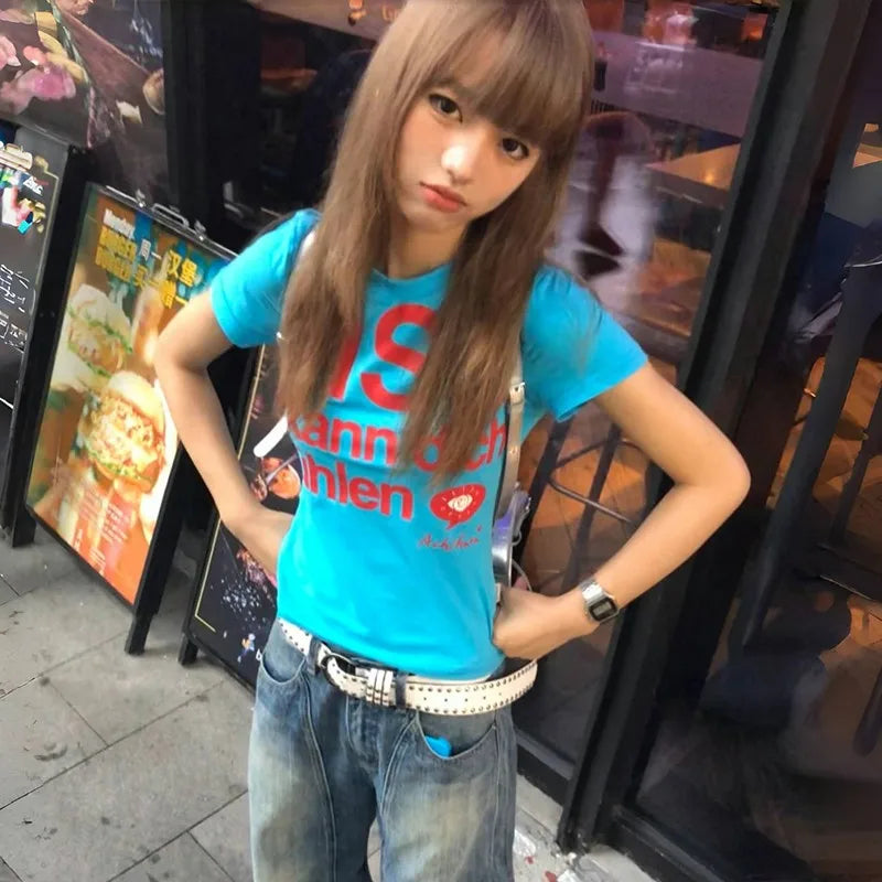 Karrram Japanese Y2k Letter Print T-shirt Trashy 2000s Style Crop Top Vintage Harajuku Short Sleeve Tee Shirt American Retro 90s